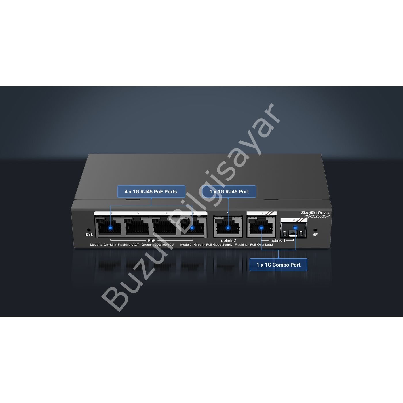 RUIJIE REYEE RG-ES206GS-P 4 PORT 10/100/1000 4 PORT POE+ 1XGE UPLINK 1 X SFP 54W RUJIE CLOUD YONETILEBILIR DESKTOP SWITC