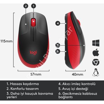 LOGITECH M191 KABLOSUZ 1000 DPI KIRMIZI MOUSE 910-005910