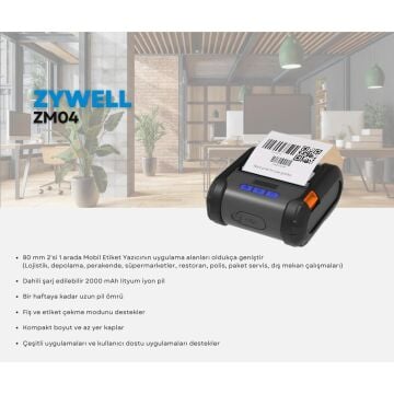 ZYWELL ZM04 THERMAL USB+BT MOBİL BARKOD YAZICI 100MM/s / 80MM