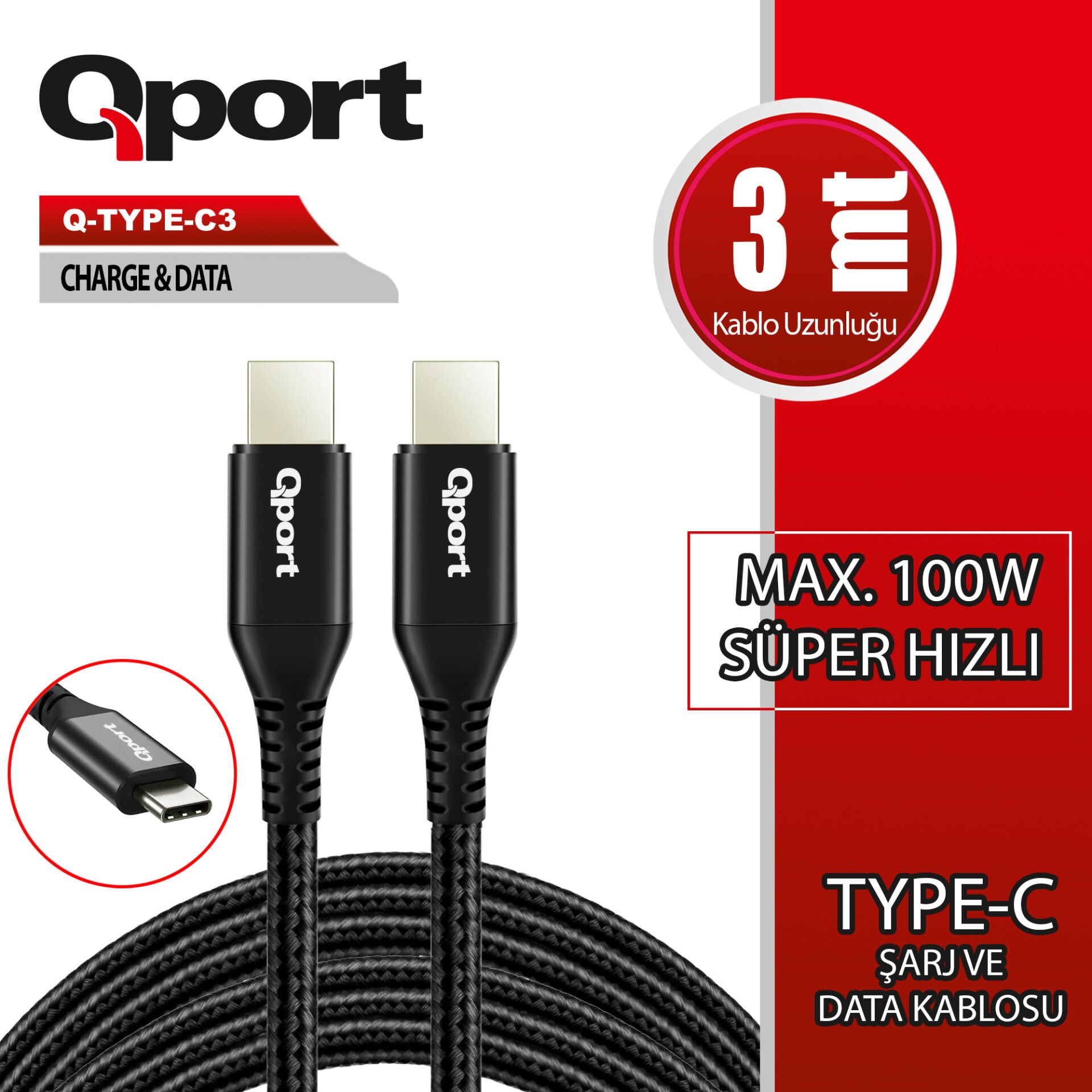 QPORT Q-TYPE-C3 3M TYPE-C 100W ŞARJ VE DATA KABLOSU