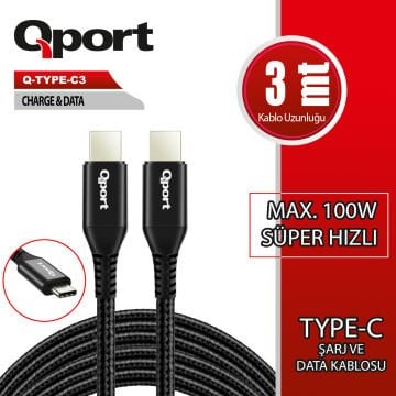 QPORT Q-TYPE-C3 3M TYPE-C 100W ŞARJ VE DATA KABLOSU