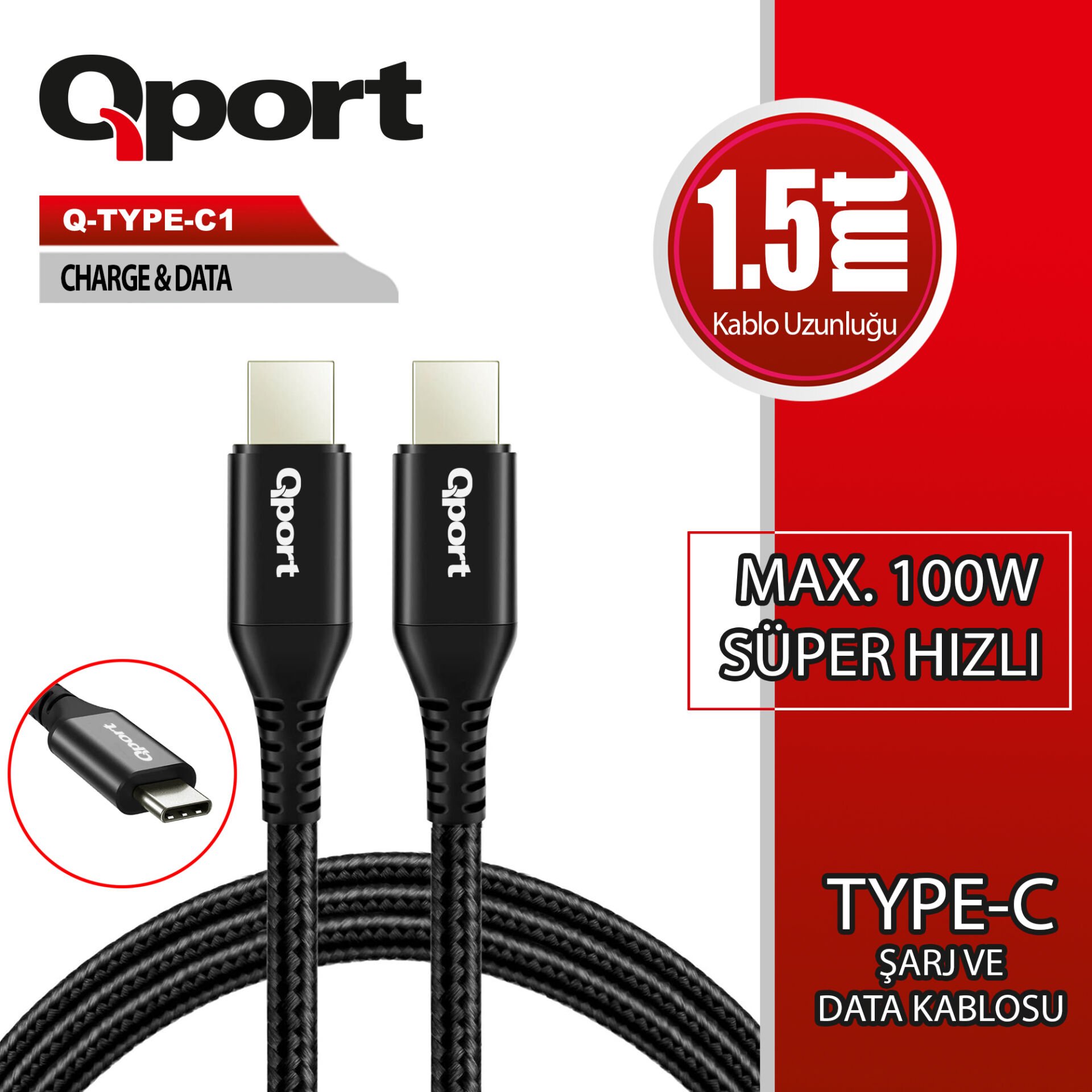 QPORT Q-TYPE-C1 1.5M TYPE-C 100W ŞARJ VE DATA KABLOSU
