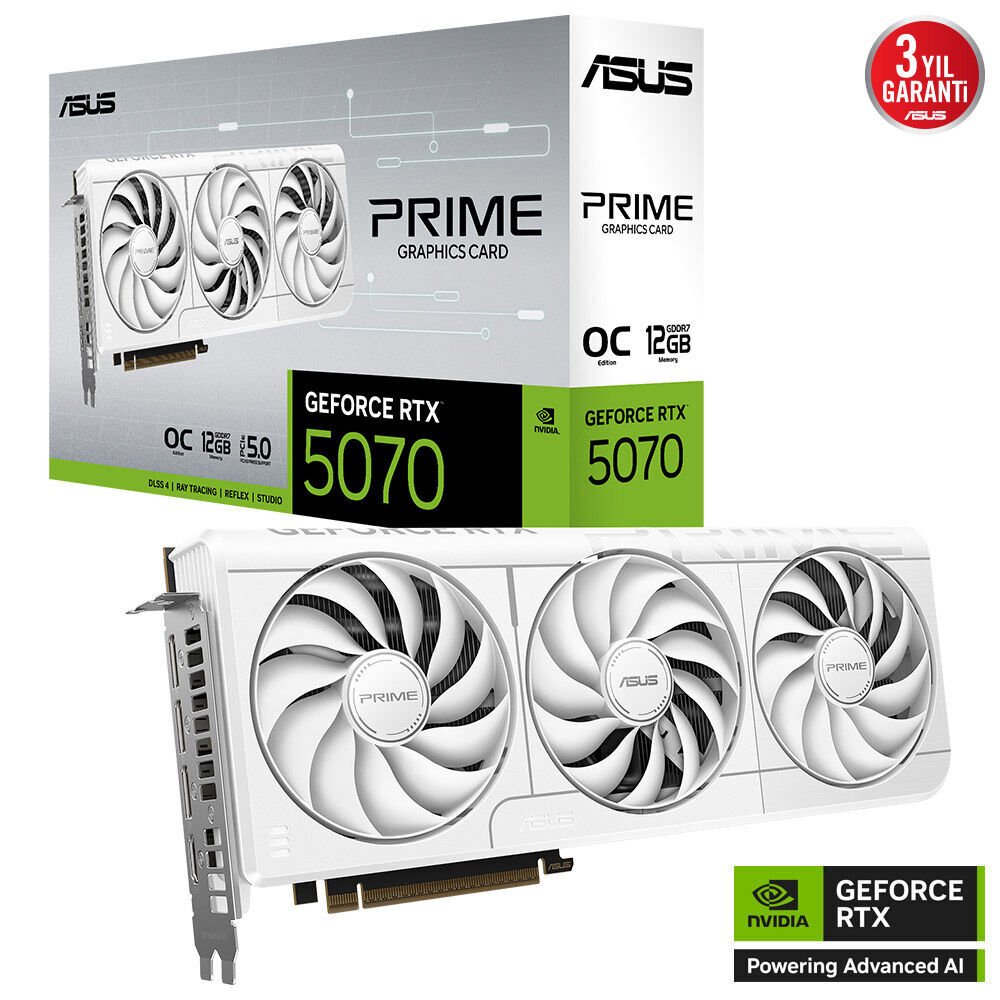 ASUS PRIME-RTX5070-O12G-WHITE NVIDIA-GEFORCE-RTX 5070-12GB GDDR7-192bit--OC-2xHDMI-3xDP-DLSS4 EKRAN KARTI