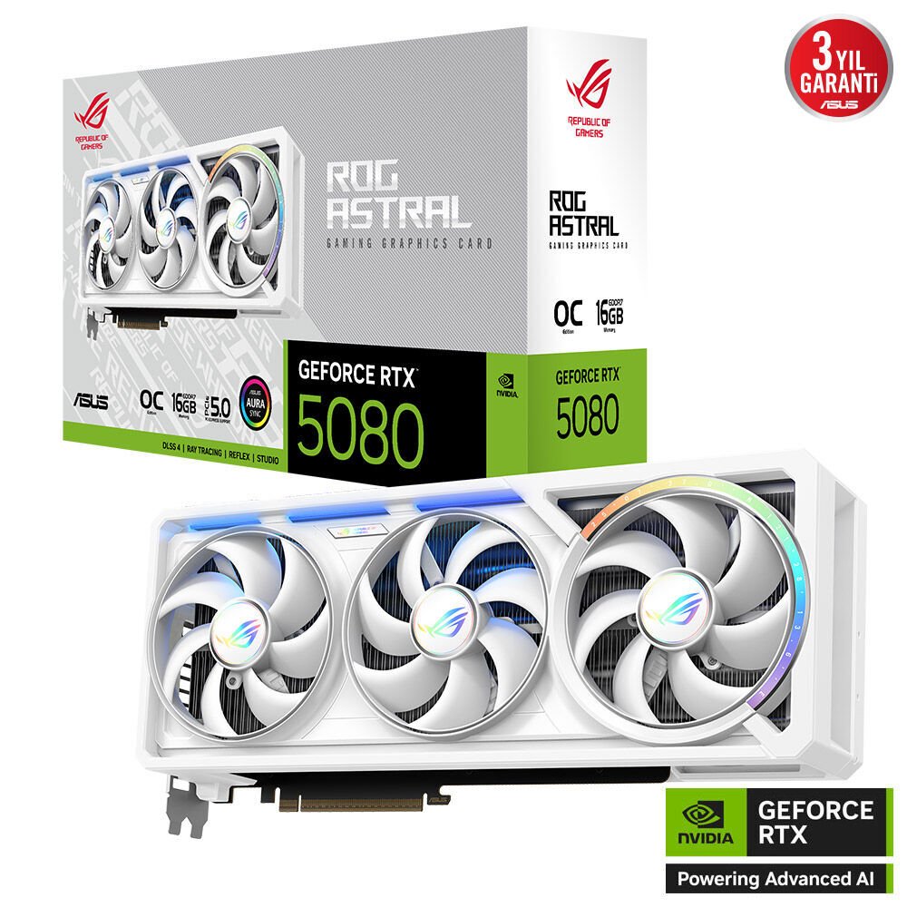 ASUS ROG-ASTRAL-RTX5080-O16G-WHITE RTX5080 16GB GDDR7 256bit 2xHDMI 3xDP RGB DLSS4 EKRAN KARTI