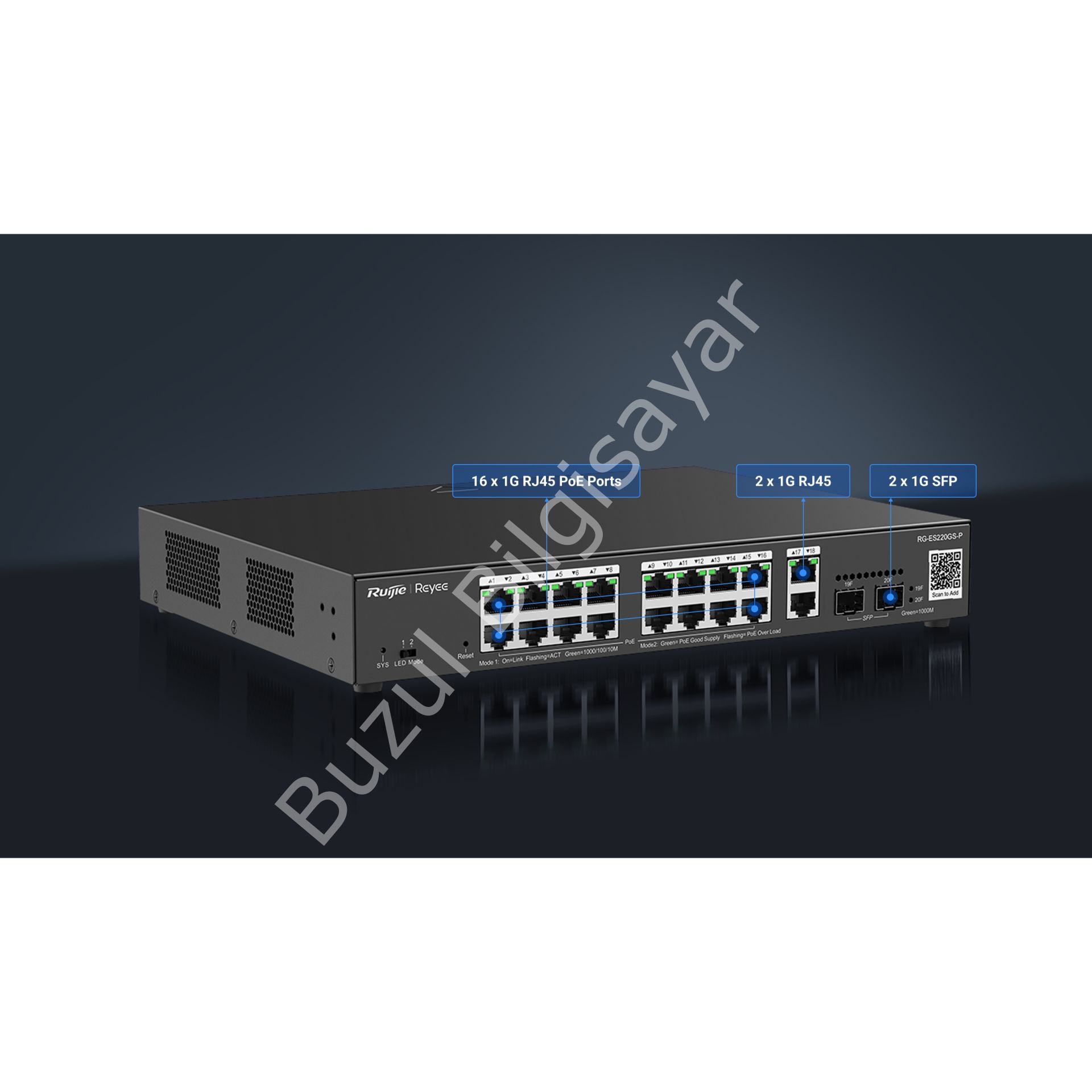 RUIJIE REYEE RG-ES220GS-P 16 PORT 10/100/1000 16 PORT POE 2 PORT UPLINK  2 SFP 250W CLOUD YÖNETİLEBİLİR RACK MOUNT SWITC