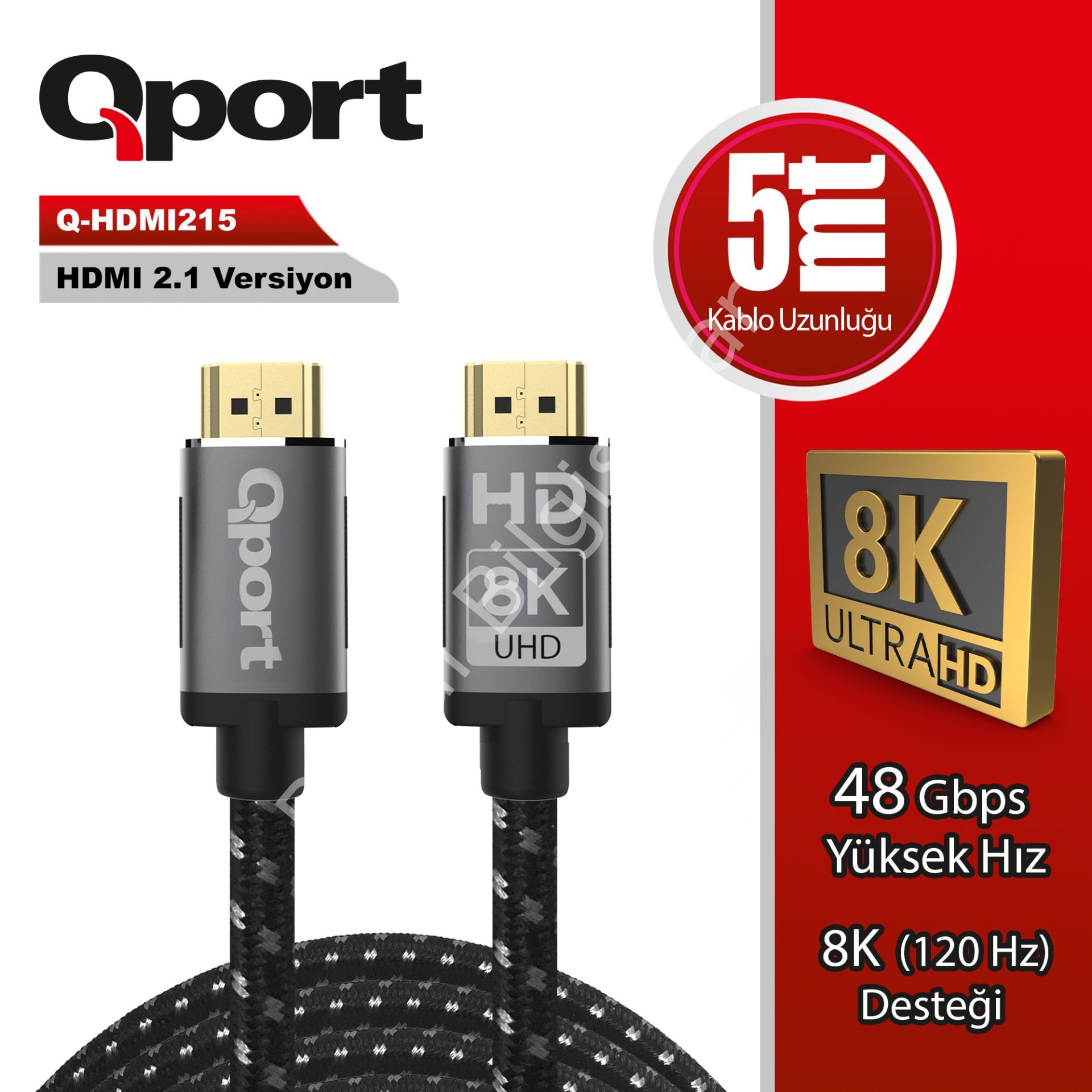 QPORT Q-HDMI215 HDMI KABLO 5 MT 2.1V 8K ALTIN UÇLU ÖRGÜLÜ